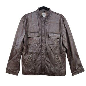 Chicos Womens Genuine Leather Jacket Size 2 Medium 10/12 Brown Pockets & Zipper